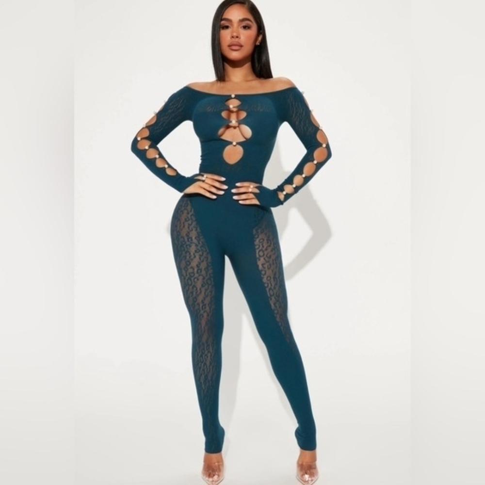 Elegant Teal Cutout Lace Jumpsuit